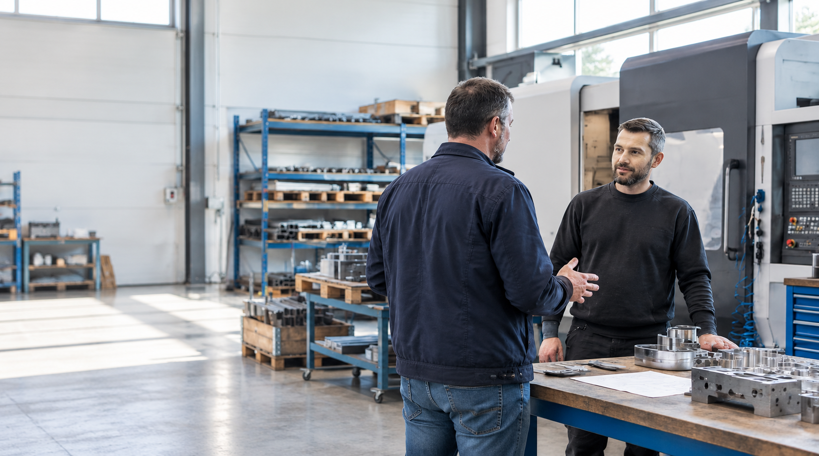 Échange entre deux professionnels dans un atelier de production
